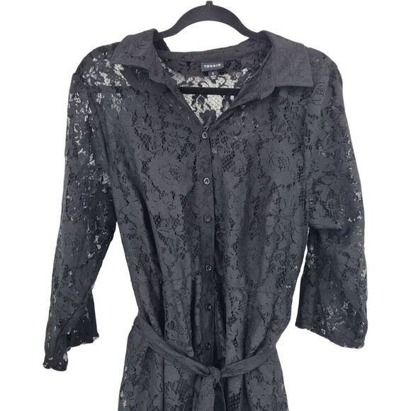 Torrid Womens Maxi Lace Shirt Dress Sz 1 Black Button Down Belted Cocktail Party - Picture 5 of 12